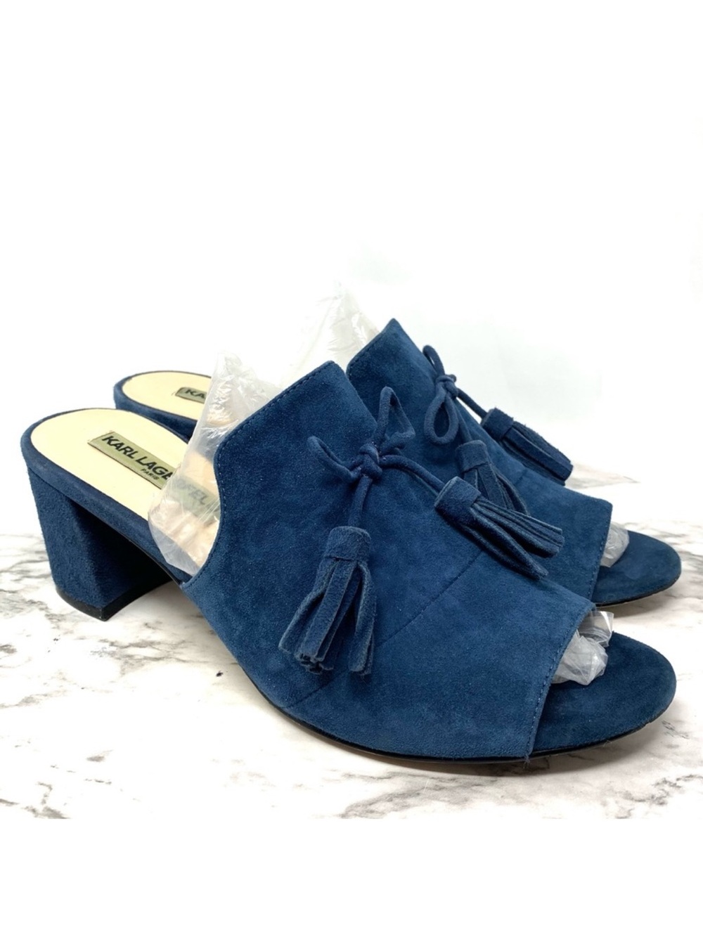 Karl Lagerfeld Holly Tassel Bow Blue Suede Mules 8.5 Classic Preppy Heritage